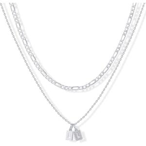 imagePAVOI 14K Gold Plated Initial Letter Double Dog Tag Pendant Necklace  Dainty Cubic Zirconia Letter Tag Round Box Chain Necklaces for Women L