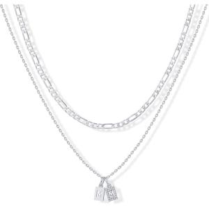 imagePAVOI 14K Gold Plated Initial Letter Double Dog Tag Pendant Necklace  Dainty Cubic Zirconia Letter Tag Round Box Chain Necklaces for Women M