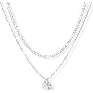 imagePAVOI 14K Gold Plated Initial Letter Double Dog Tag Pendant Necklace  Dainty Cubic Zirconia Letter Tag Round Box Chain Necklaces for Women O