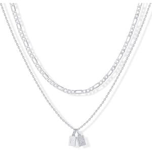 imagePAVOI 14K Gold Plated Initial Letter Double Dog Tag Pendant Necklace  Dainty Cubic Zirconia Letter Tag Round Box Chain Necklaces for Women P