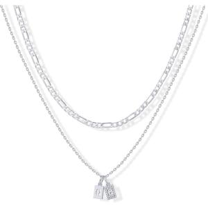 imagePAVOI 14K Gold Plated Initial Letter Double Dog Tag Pendant Necklace  Dainty Cubic Zirconia Letter Tag Round Box Chain Necklaces for Women Q