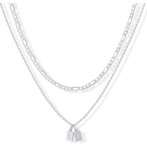 imagePAVOI 14K Gold Plated Initial Letter Double Dog Tag Pendant Necklace  Dainty Cubic Zirconia Letter Tag Round Box Chain Necklaces for Women R