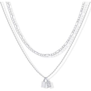 imagePAVOI 14K Gold Plated Initial Letter Double Dog Tag Pendant Necklace  Dainty Cubic Zirconia Letter Tag Round Box Chain Necklaces for Women S