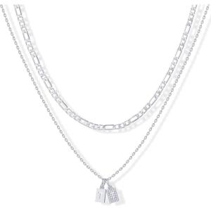 imagePAVOI 14K Gold Plated Initial Letter Double Dog Tag Pendant Necklace  Dainty Cubic Zirconia Letter Tag Round Box Chain Necklaces for Women T