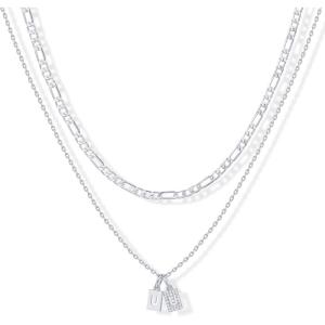 imagePAVOI 14K Gold Plated Initial Letter Double Dog Tag Pendant Necklace  Dainty Cubic Zirconia Letter Tag Round Box Chain Necklaces for Women U
