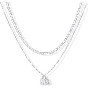 imagePAVOI 14K Gold Plated Initial Letter Double Dog Tag Pendant Necklace  Dainty Cubic Zirconia Letter Tag Round Box Chain Necklaces for Women V
