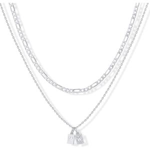 imagePAVOI 14K Gold Plated Initial Letter Double Dog Tag Pendant Necklace  Dainty Cubic Zirconia Letter Tag Round Box Chain Necklaces for Women W