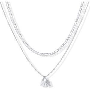 imagePAVOI 14K Gold Plated Initial Letter Double Dog Tag Pendant Necklace  Dainty Cubic Zirconia Letter Tag Round Box Chain Necklaces for Women X