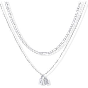 imagePAVOI 14K Gold Plated Initial Letter Double Dog Tag Pendant Necklace  Dainty Cubic Zirconia Letter Tag Round Box Chain Necklaces for Women Y