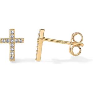 imagePAVOI 14K Gold Plated Sterling Silver Posts Cross Earrings for Women  Small Religious Faith Cubic Zirconia Cross Studs Huggies EarringsYellow Gold
