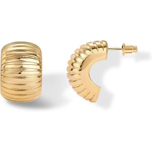 imagePAVOI 14K Gold Plated Bold Statement Hoop Earrings for Women  Trendy Boho Ribbed Croissant Scallop Peach Puffy Jewelry Chunky Gold EarringsYellow Gold