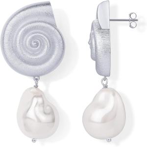 imagePAVOI 14K Gold Plated Sterling Silver Posts Seashell Statement Earrings for Women  Cubic Zirconia Reconstructed Baroque Freshwater Pearl Stud Earring  Brushed Textured Conch Chunky EarringsSeashell  Pearl
