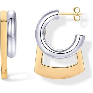 imagePAVOI 14K Gold Plated and Rhodium Plated Two Tone Multihoop Double Hoop Geometric Earrings for Women  Mixed Metals Huggie Multi Earring Statement PairGeometric