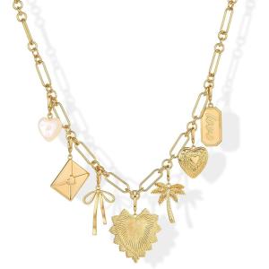 imagePAVOI 14K Gold Plated Chunky Charm Necklace Pack for Women  Statement Paperclip Chain Necklaces with Removable Charms  Heart Palm Tree Bow Pearl Love Friendship NecklaceYellow Gold