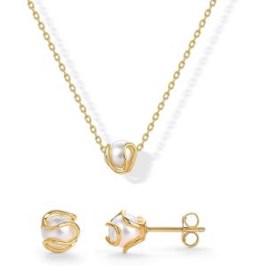 imagePAVOI 14K Gold Plated Round Shell Pearl Jewelry Set for Women  Gold Pearl Necklace and Earring Set with Pendant Necklace and Caged Stud Earrings PackYellow Gold