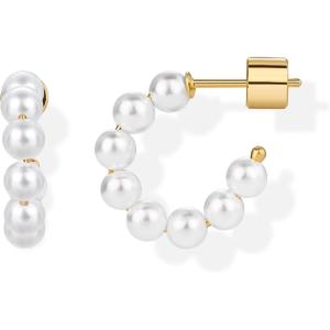 imagePAVOI 14K GoldPlated Classic Pearl Hoop Earrings for Women  Freshwater Pearl Earring PairRound Pearls