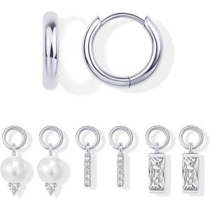 imagePAVOI 18K Gold Plated Huggie Earrings and Charm Set for Women  Mix and Match Earring Pack with Cubic Zirconia Pearl Opal Star Heart Evil Eye Snake Boho CharmsPearl