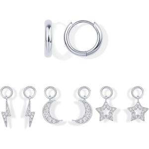 imagePAVOI 18K Gold Plated Huggie Earrings and Charm Set for Women  Mix and Match Earring Pack with Cubic Zirconia Pearl Opal Star Heart Evil Eye Snake Boho CharmsMoon