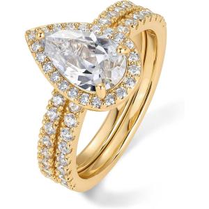imagePAVOI 14K Gold Plated 17CT Pear Cubic Zirconia Eternity Engagement Ring Promise Ring Set for Women  Hidden HaloYellow Gold