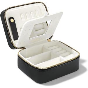imagePAVOI Ice Blue Faux Leather Travel Jewelry Box for Women  Compact Jewelry Case with Mirror  Portable Organizer for Rings Necklaces Earrings and BraceletsBlack