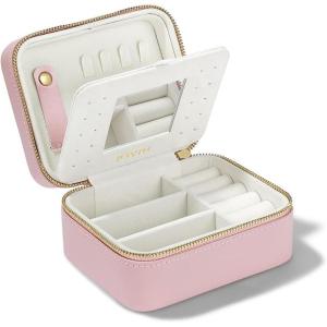 imagePAVOI Ice Blue Faux Leather Travel Jewelry Box for Women  Compact Jewelry Case with Mirror  Portable Organizer for Rings Necklaces Earrings and BraceletsBlush