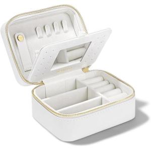 imagePAVOI Ice Blue Faux Leather Travel Jewelry Box for Women  Compact Jewelry Case with Mirror  Portable Organizer for Rings Necklaces Earrings and BraceletsIvory