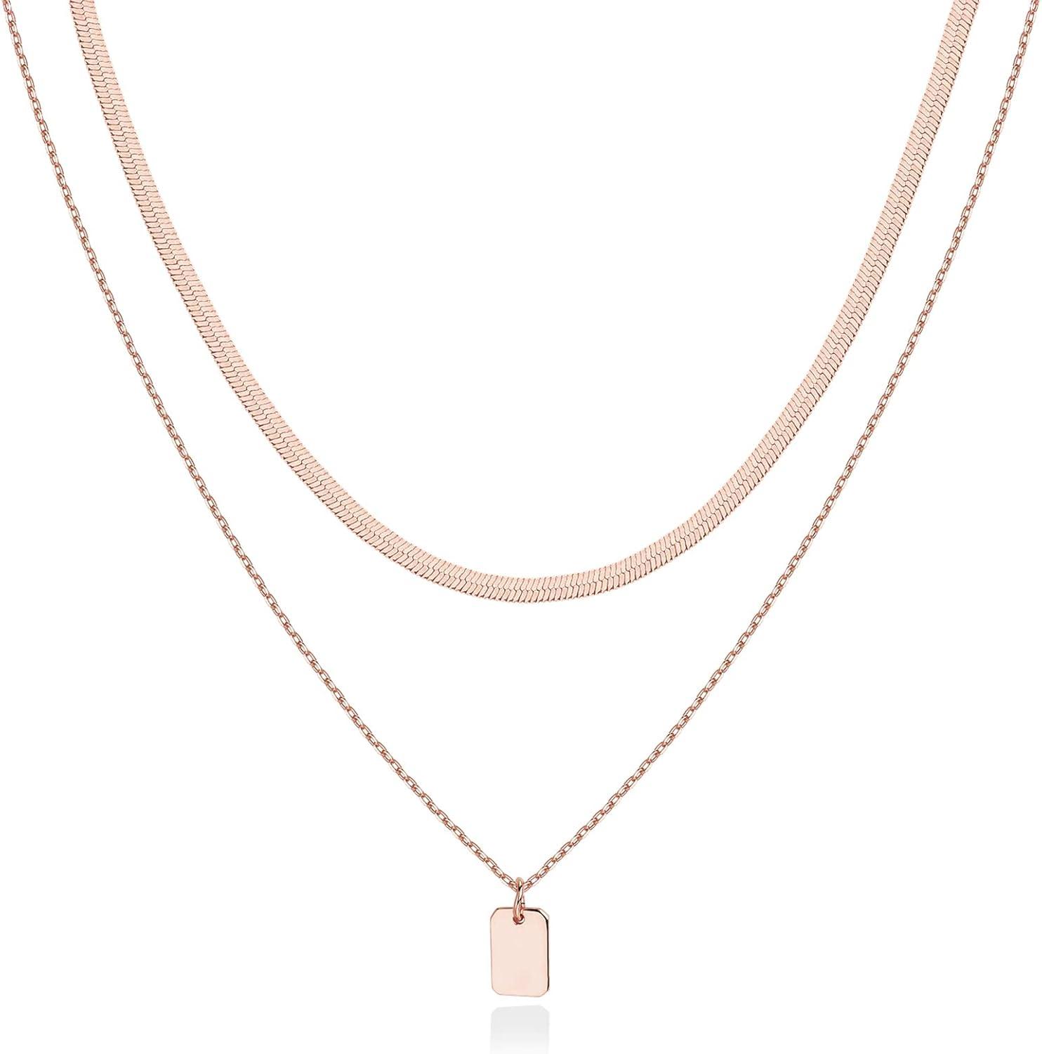 imagePAVOI 14K Gold Plated Layering Necklaces  Stylish Minimalist Design Pendant Necklaces  Bar Lotus Disc Dog Tag Horizontal Bar Pendants for WomenRose Gold