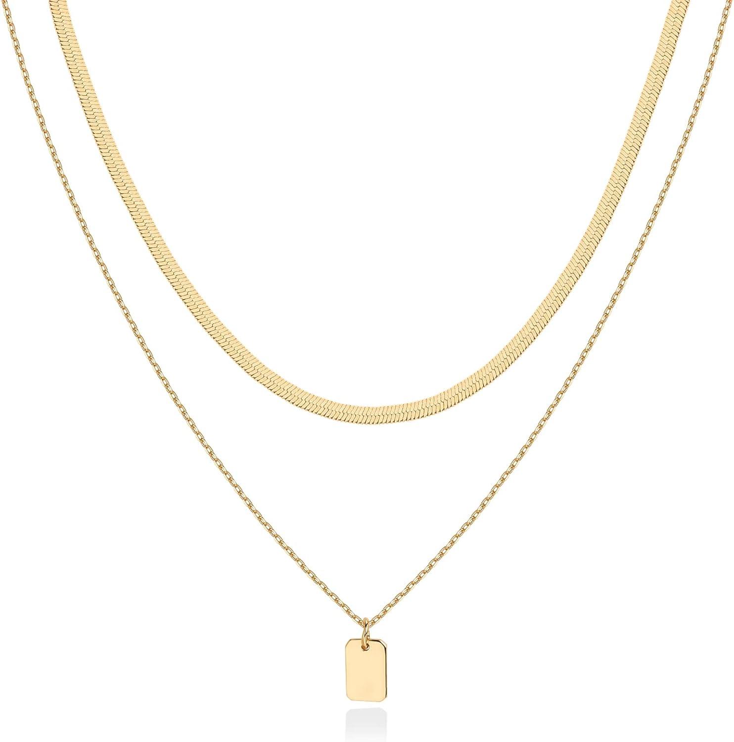 imagePAVOI 14K Gold Plated Layering Necklaces  Stylish Minimalist Design Pendant Necklaces  Bar Lotus Disc Dog Tag Horizontal Bar Pendants for WomenYellow Gold