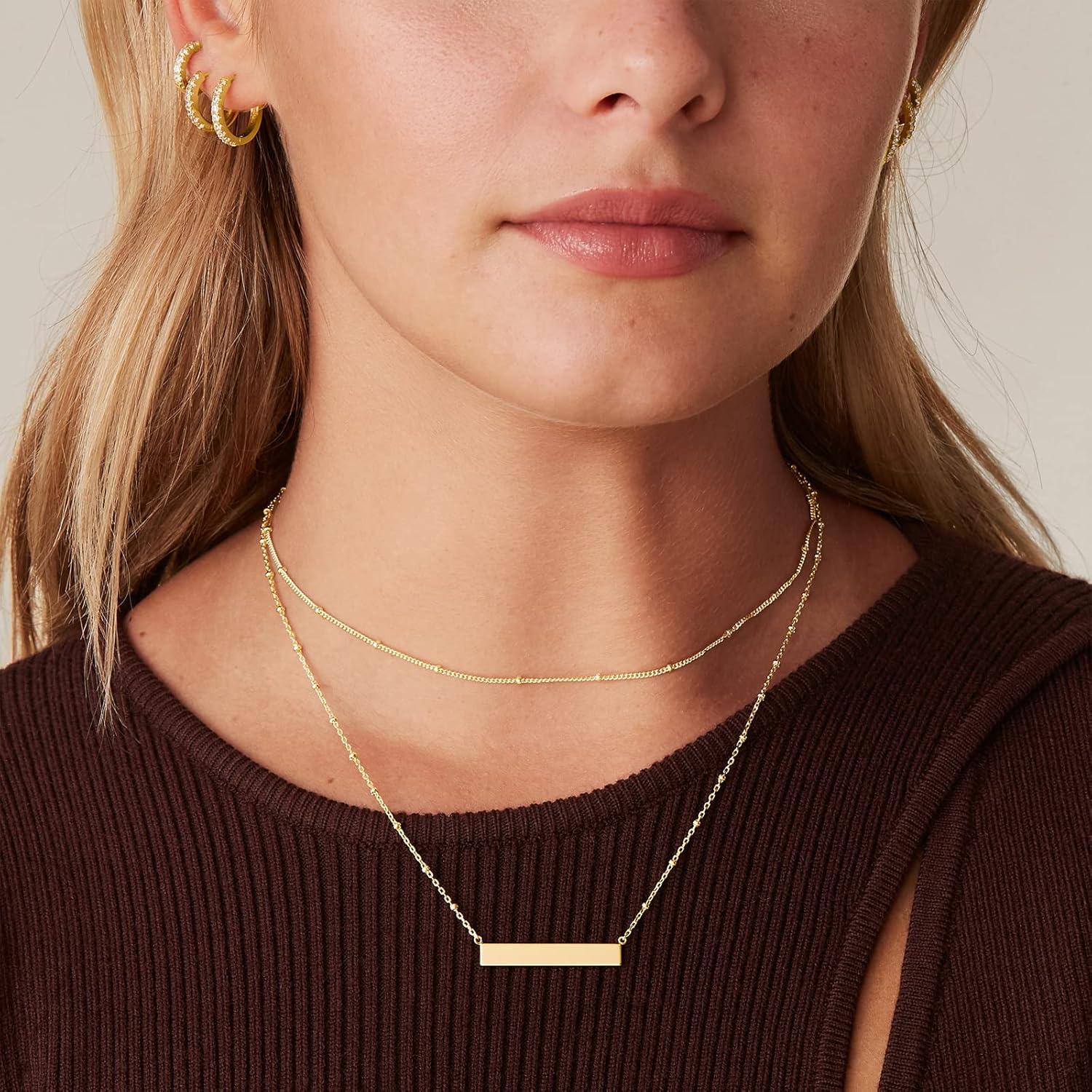 imagePAVOI 14K Gold Plated Layering Necklaces  Stylish Minimalist Design Pendant Necklaces  Bar Lotus Disc Dog Tag Horizontal Bar Pendants for WomenYellow Gold
