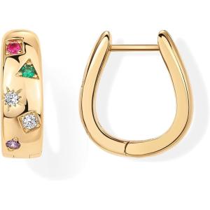 imagePAVOI 14K Gold Plated 925 Sterling Silver Posts Chunky Huggie Earrings for Women  MultiColored Cubic Zirconia Statement Hoop EarringsYellow Gold