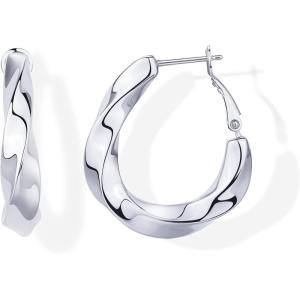 imagePAVOI 14K Gold Plated Sterling Silver Posts Chunky Wavy Hoop Earrings for Women  Lightweight Statement Twisted Endless Wave Hoops EarringsWhite Gold