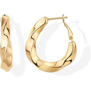 imagePAVOI 14K Gold Plated Sterling Silver Posts Chunky Wavy Hoop Earrings for Women  Lightweight Statement Twisted Endless Wave Hoops EarringsYellow Gold