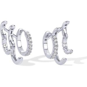 imagePAVOI 14K Gold Plated Sterling Silver Posts Triple Hoop Statement Earrings  No Piercing Multi Huggie Crawler Earrings for WomenWhite Gold