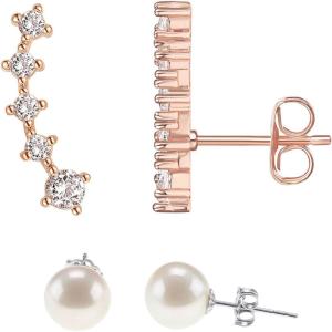 imagePAVOI 14K Gold Plated 925 Sterling Silver Post Cubic Zirconia Crawler Earrings Pearl Studs Set  CZ Climber Earrings Pearl Studs Pack for WomenRose Gold