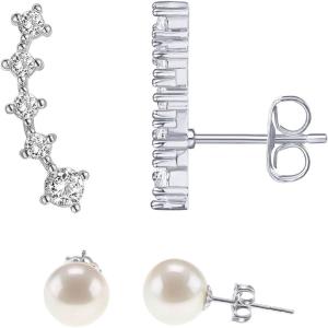 imagePAVOI 14K Gold Plated 925 Sterling Silver Post Cubic Zirconia Crawler Earrings Pearl Studs Set  CZ Climber Earrings Pearl Studs Pack for WomenWhite Gold
