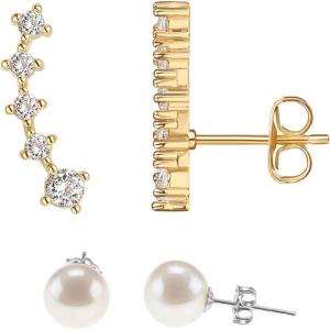 imagePAVOI 14K Gold Plated 925 Sterling Silver Post Cubic Zirconia Crawler Earrings Pearl Studs Set  CZ Climber Earrings Pearl Studs Pack for WomenYellow Gold
