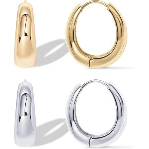 imagePAVOI 14K Gold Plated Sterling Silver Post Small Chunky Hoops Earrings  Thick Lightweight Gold Hoop Earrings for WomenWhite  Yellow Gold