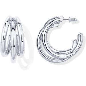 imagePAVOI 14K Gold Plated Chunky Multi Hoop Earrings for Women  Hypoallergenic Trendy Triple Split Loop Huggie EarringsWhite Gold