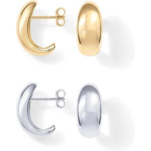 imagePAVOI 14K Gold Plated Sterling Silver Post Huggie Earrings  Gold Dome Huggie Hoop Earrings for WomenWhite  Yellow Pack