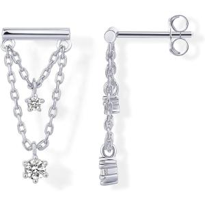 imagePAVOI 14K Gold Plated 925 Sterling Silver Posts Bar Drape Chain Earrings for Women  Cubic Zirconia Chain Dangle Studs  Drop Dangle EarringsWhite Gold