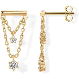 imagePAVOI 14K Gold Plated 925 Sterling Silver Posts Bar Drape Chain Earrings for Women  Cubic Zirconia Chain Dangle Studs  Drop Dangle EarringsYellow Gold