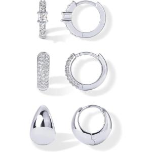 imagePAVOI 18K Gold Plated Sterling Silver Posts Three Pairs Huggie Hoop Earrings for Women  Triple Gold Hoop Earring Pack with Cubic Zirconia  Chunky Dome Pave Huggie Piercing Statement Jewelry SetWhite Gold