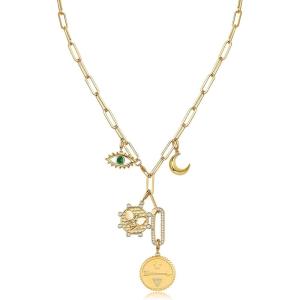 imagePAVOI 14K Gold Plated Cluster Toggle Pendant Heart Charm Necklace for Women  Chain Heart Star Gemstone Evil Eye Teardrop Cubic Zirconia Pendant Gold Charms NecklacesYellow Gold