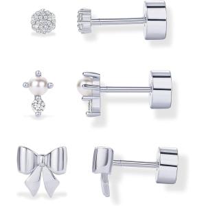 imagePAVOI 14K Gold Plated Dainty Flat Back Earrings for Women  Hypoallergenic Sterling Silver Posts Helix Cartilage Piercing Jewelry  Emoji Motif Bow Celestial Flatback Gold Stud Earrings Screw BackBow  Pearl Trio Set