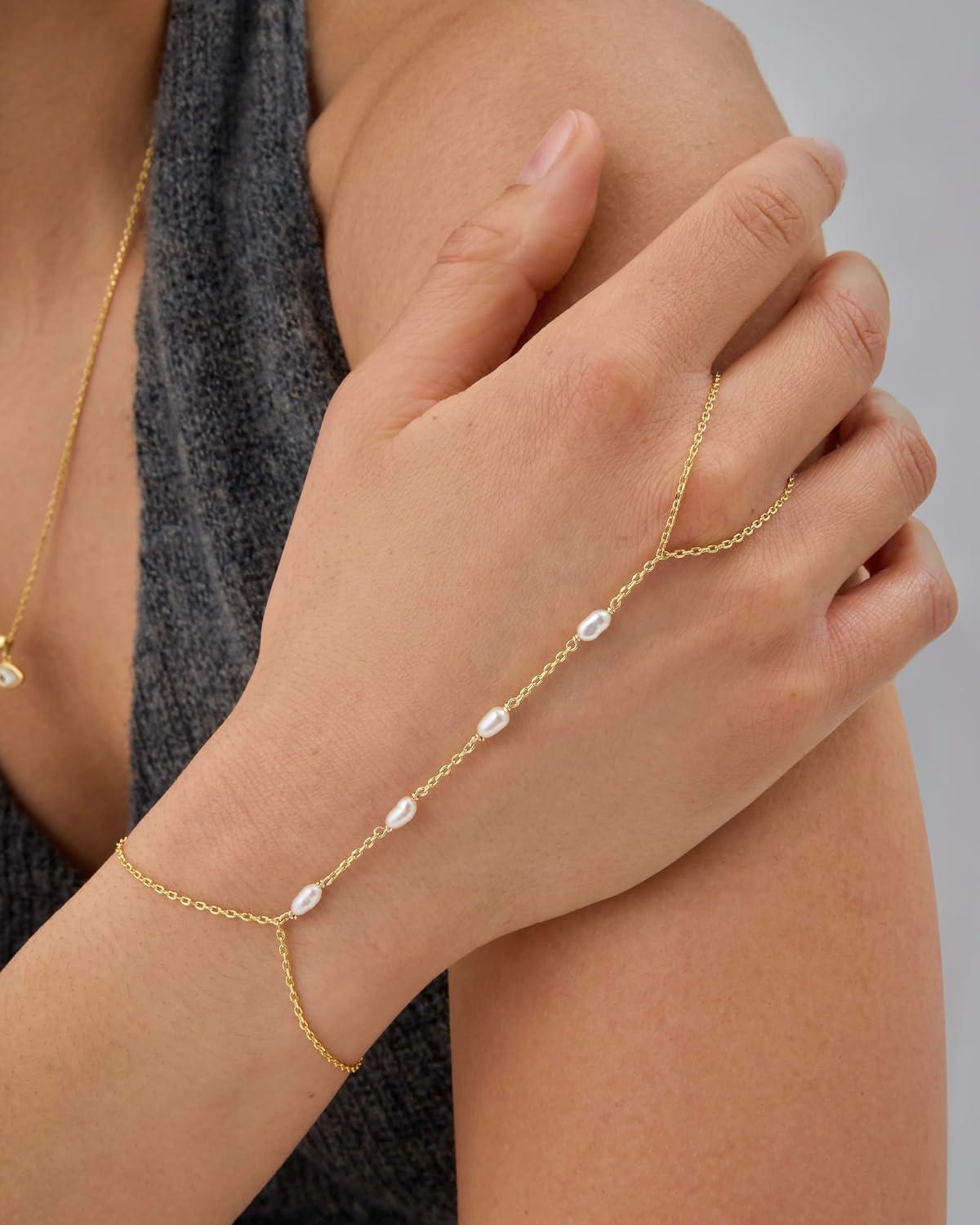 imagePAVOI 14K Gold Plated Hand Chains for Women  Adjustable Hand Chain Bracelet and Ring  Trendy Gold Handchain Bracelet Stack Summer Jewelry  Beads Pearl and Cubic Zirconia Body JewelryWhite Gold