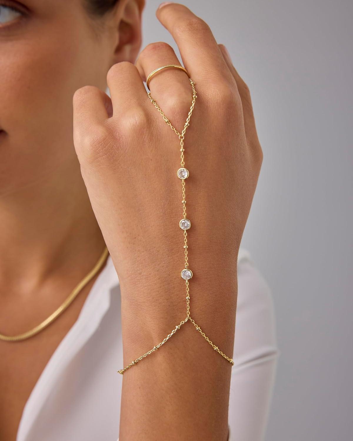 imagePAVOI 14K Gold Plated Hand Chains for Women  Adjustable Hand Chain Bracelet and Ring  Trendy Gold Handchain Bracelet Stack Summer Jewelry  Beads Pearl and Cubic Zirconia Body JewelryWhite Gold