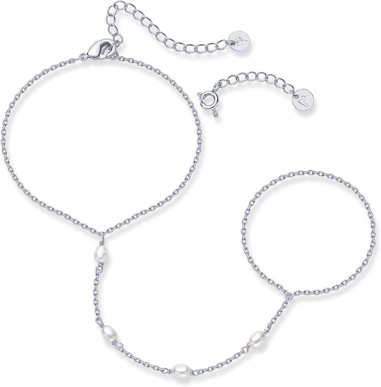 imagePAVOI 14K Gold Plated Hand Chains for Women  Adjustable Hand Chain Bracelet and Ring  Trendy Gold Handchain Bracelet Stack Summer Jewelry  Beads Pearl and Cubic Zirconia Body JewelryWhite Gold