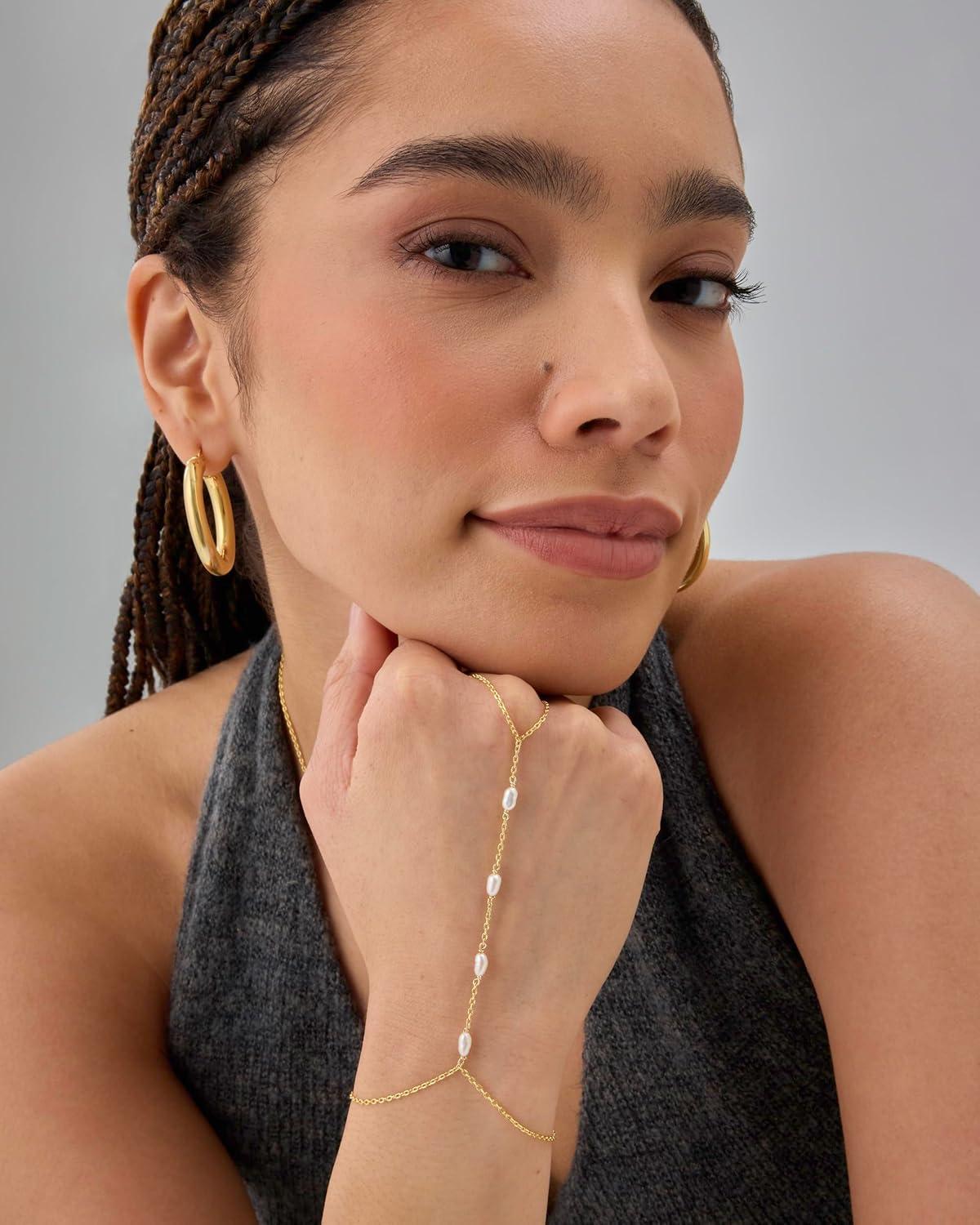 imagePAVOI 14K Gold Plated Hand Chains for Women  Adjustable Hand Chain Bracelet and Ring  Trendy Gold Handchain Bracelet Stack Summer Jewelry  Beads Pearl and Cubic Zirconia Body JewelryWhite Gold