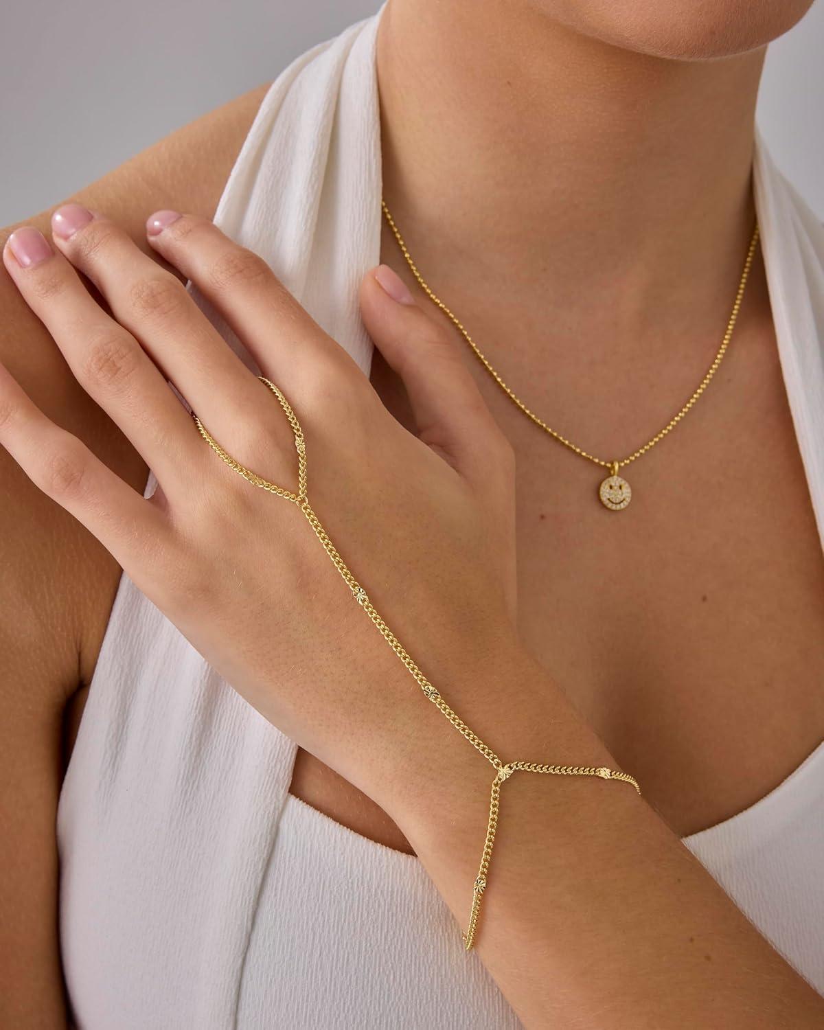 imagePAVOI 14K Gold Plated Hand Chains for Women  Adjustable Hand Chain Bracelet and Ring  Trendy Gold Handchain Bracelet Stack Summer Jewelry  Beads Pearl and Cubic Zirconia Body JewelryWhite Gold