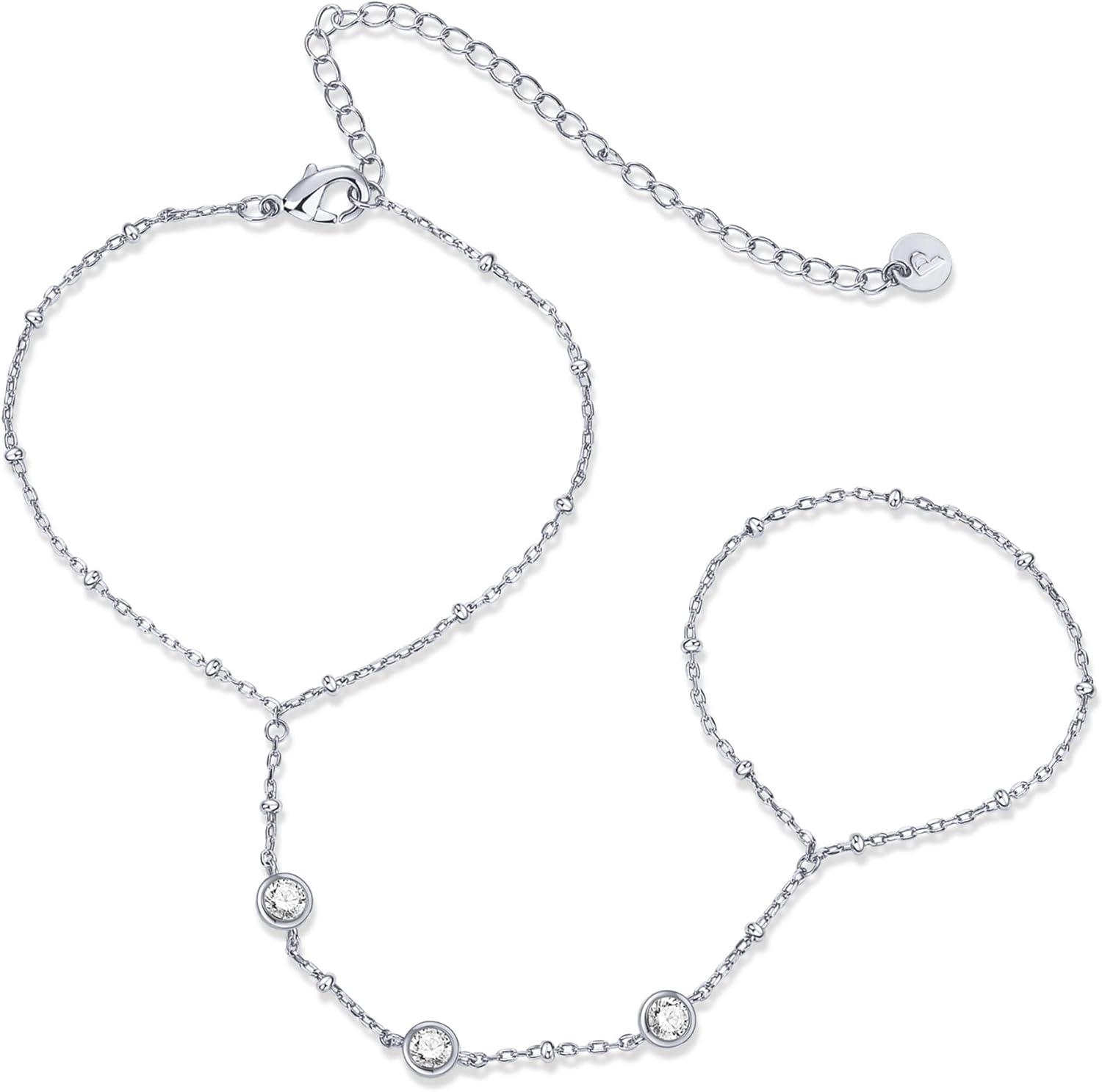 imagePAVOI 14K Gold Plated Hand Chains for Women  Adjustable Hand Chain Bracelet and Ring  Trendy Gold Handchain Bracelet Stack Summer Jewelry  Beads Pearl and Cubic Zirconia Body JewelryWhite Gold